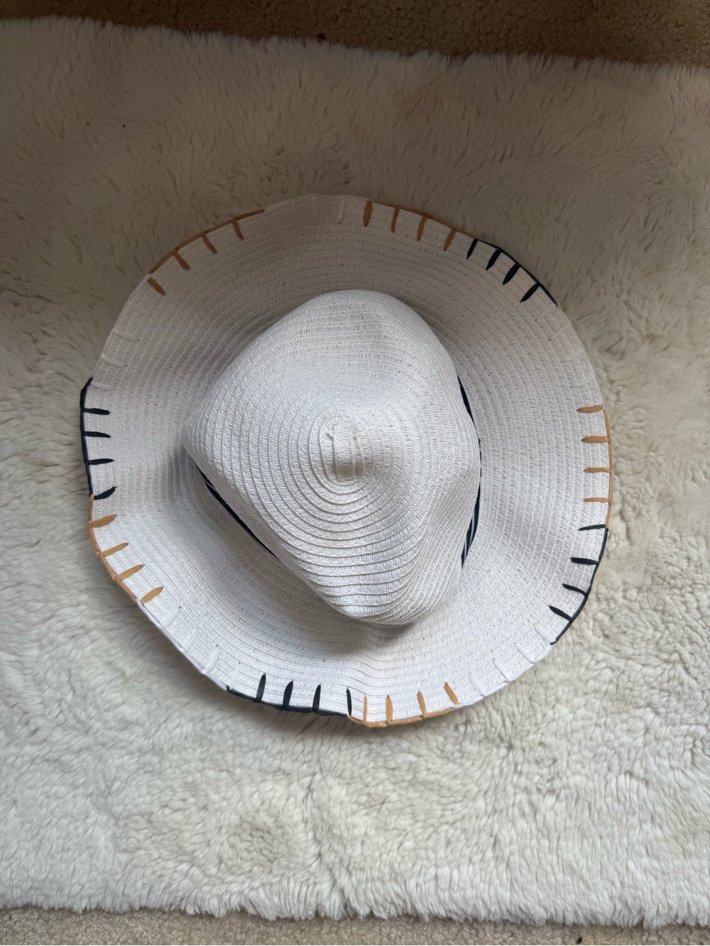 White Wide Brim Straw Sun Hat with Black and Tan Stitch Detail